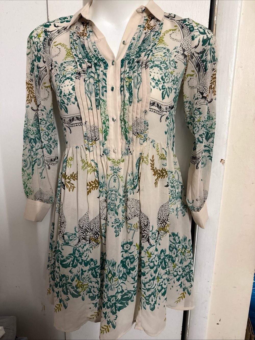Maeve Ria Jungle Cream Floral & Teal Printed Button-Front Dress Size 4 NO SLIP